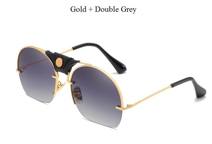 Gafas de sol de de Vintage de corte Semi-sin montura, hombres y mujeres de cuero para Gafas de sol, Gafas de sol con montura metálica, Gafas de sol masculinas Retro: Gold Double Grey