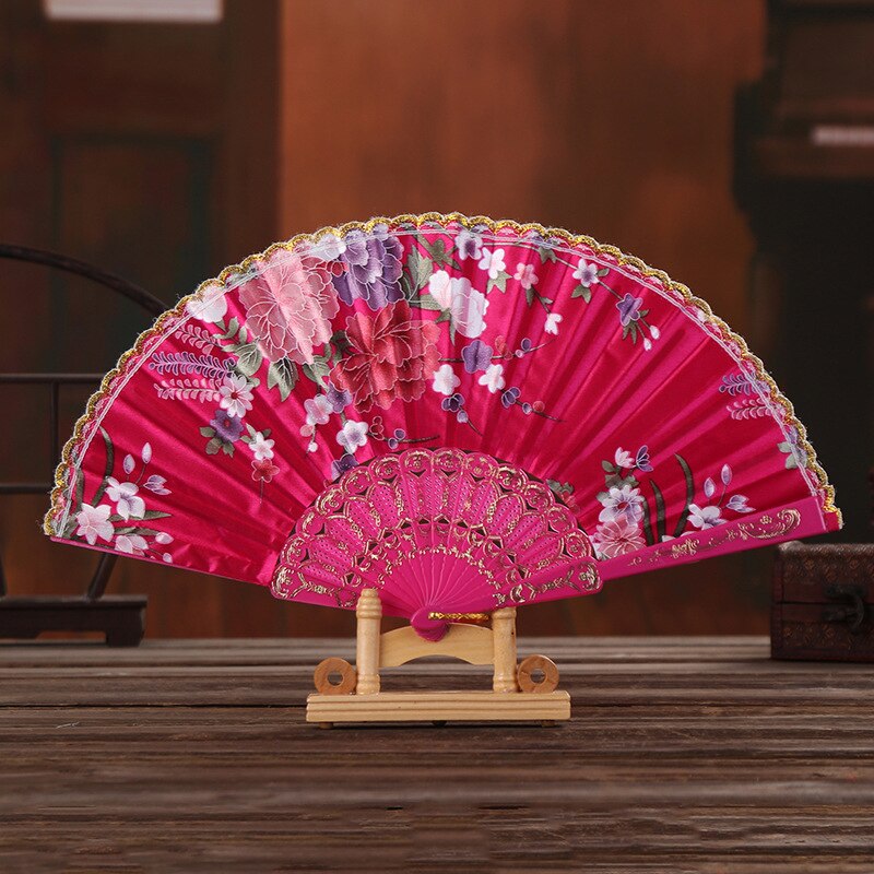 Chinese Stijl Hand Held Folding Dance Fan Wedding Party Lace Silk Folding Handheld Bloem Fan Zomer Bruiloft Fan Party: Rose Red