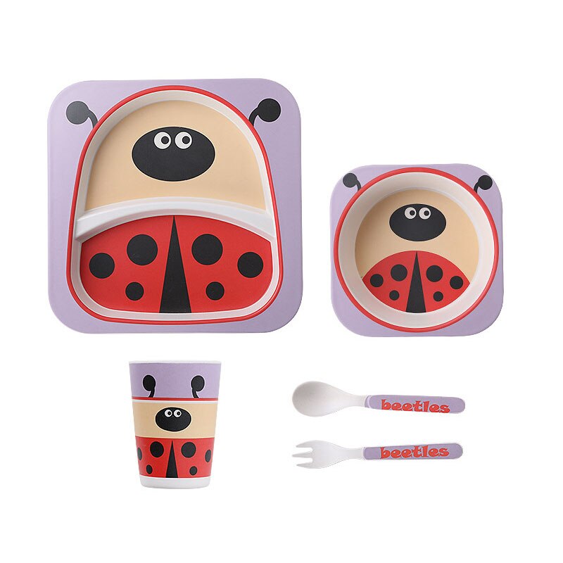 5pcs/set Animal Zoo Baby Plate Bow Cup Forks Dinnerware Feeding Set 100% Bamboo Fiber Baby Children Tableware Set: Ladybug