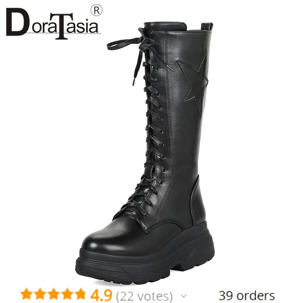 DoraTasia Big Size 33-43 Mid-kalf Platform Motorlaarzen Vrouwen Winter Dames Lace-up hoge Hakken Schoenen Vrouw