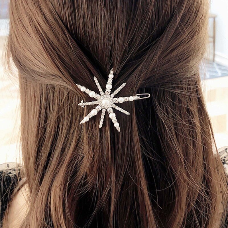 Luxury Shiny Rhinestone Snowflake Hairpin Temperament Pearl Bangs Hair Clip Women Girl Hair Clip Headwear Accessories