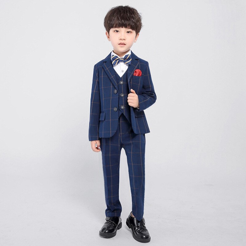 Formal Boys Slim Suits Sets Children Performance Party Wedding Costume Kids Boys Plaid Blazer Vest Trousers Bowtie Clothing Set