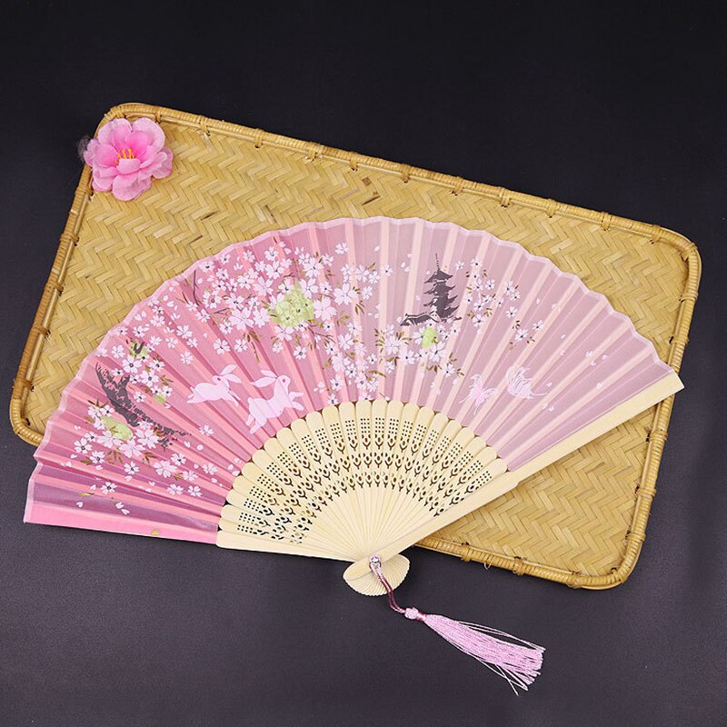 Abanico plegable de estilo Vintage, flor de seda de madera de bambú, Rosa Artificial, japonés, chino, , boda, chica, hombre, baile, decorar el hogar: L