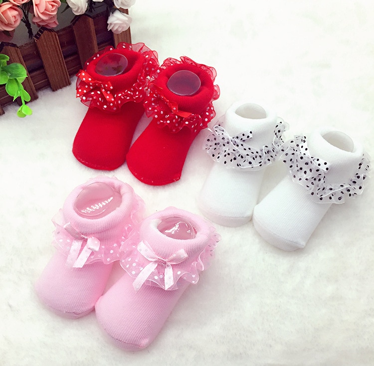 Brand Newborn Infant Kids Baby Girls 0-12M Lace Ruffled Cotton Socks Dots Bowknot Lace Warm Frilly Sock 3 Colors