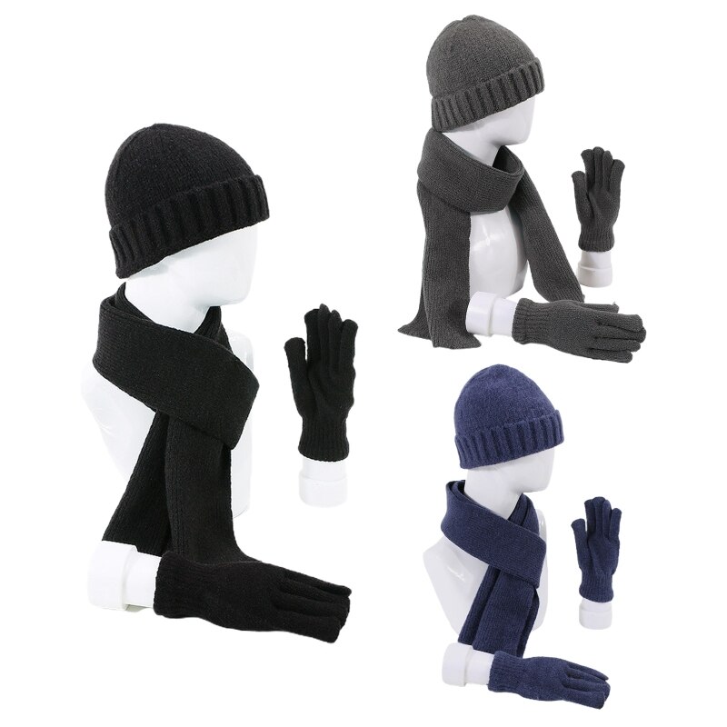 Unisex Winter 3 Stuks Beanie Hoed Lange Sjaal Handschoenen Set Effen Kleur Gebreide Warmer F3MF