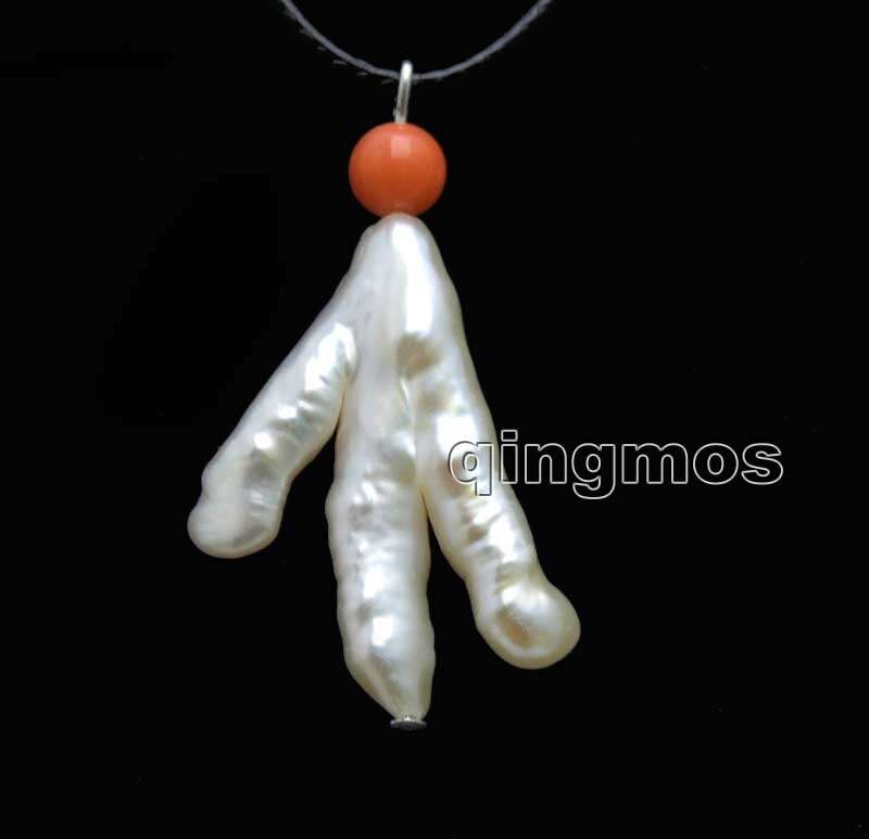 Qingmos 20*30Mm Barokke Kip Toe Natuurlijke Zoetwater Witte Parel Hanger Ketting Voor Vrouwen Met Roze Coral Choker koord 17-19&quot;