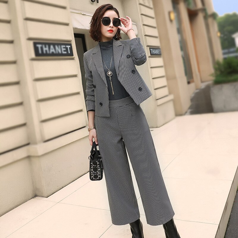 Geruit kort pak wijde pijpen broek tweedelig dames herfst klassiek damespak temperament kleding