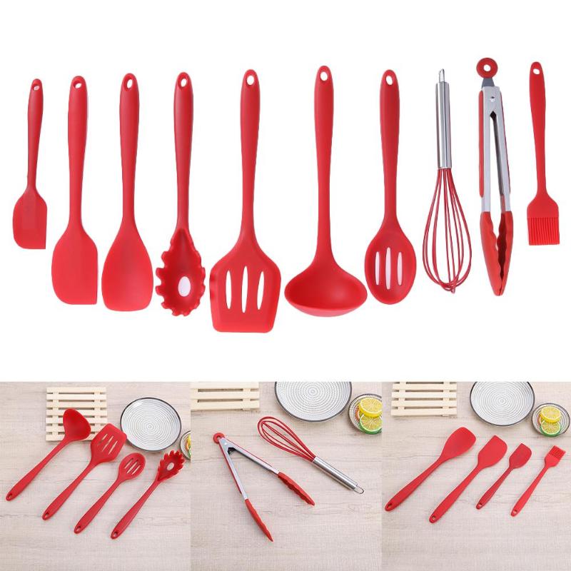 12Pcs Silicone Keukengerei Non-stick Kookgerei Koken Tool Spatel Pollepel Ei Kloppers Schop Lepel Soep Keukengerei Set: Red 10Pcs set