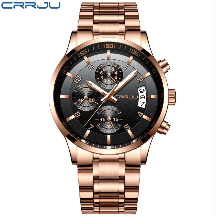CRRJU cronógrafo relojes duraderos hombres Casual negocios impermeable oro negro Acero completo cuarzo reloj Relogio Masculino 2214: rose black