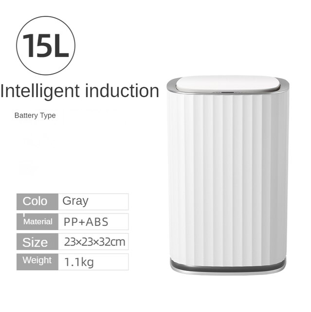 12L/15L Smart Sensor Trash Can Household Automatic Electronic Trash Can Kitchen Waste Bin Trash Can for Bedroom Kitchen Bathroom: Battery grey 15L