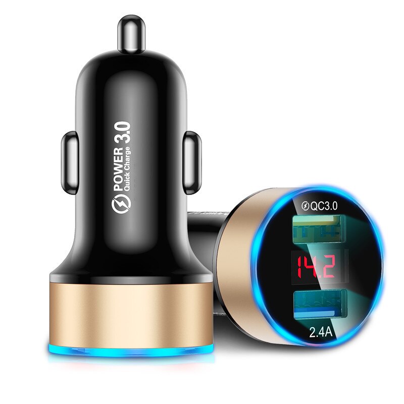 Cargador USB Dual rápido QC3.0 para coche, pantalla Digital LED, adaptador de carga rápida para teléfono iPhone 12 11 Pro 7 Xiaomi Huawei: Gold