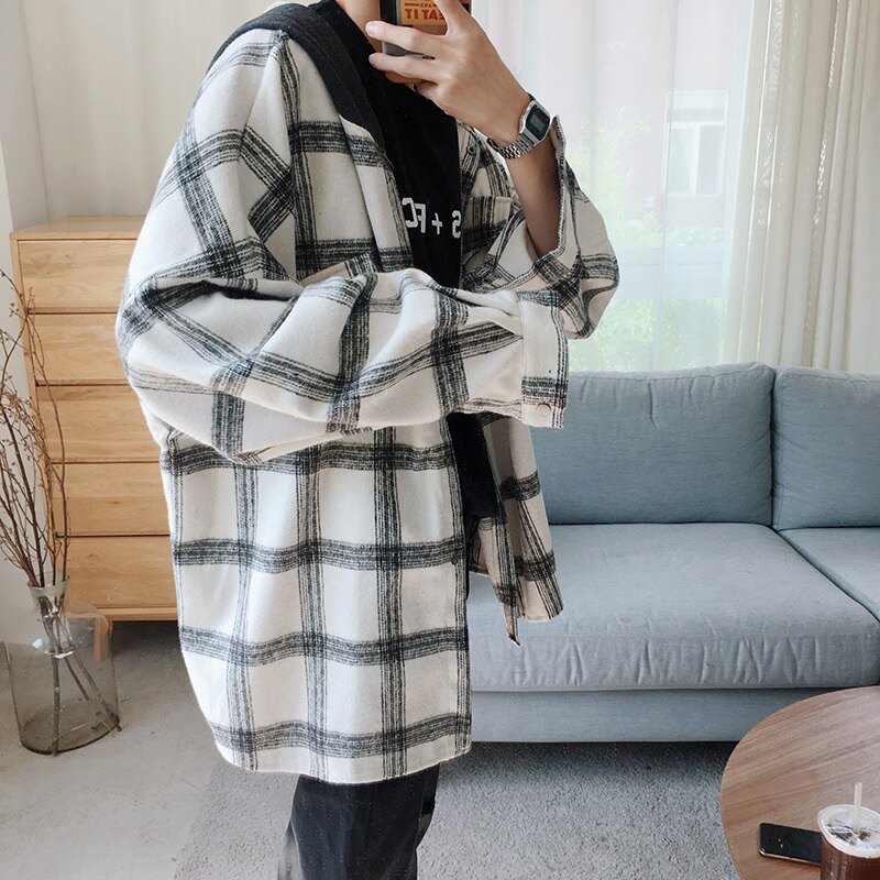Overshirt herr höst ledig lös långärmad huva yllejacka kläder streetwear manlig rutig skjorta ytterkläder man: Vit / Xl