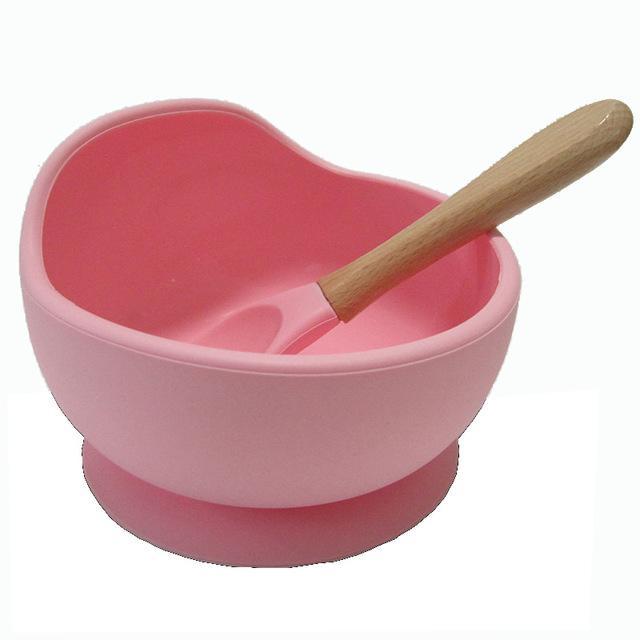Baby siliconen voedingsset houten lepel zuigkom babybord kinderen peuterhulp servies bpa-vrij siliconen babyverzorging: Roze set