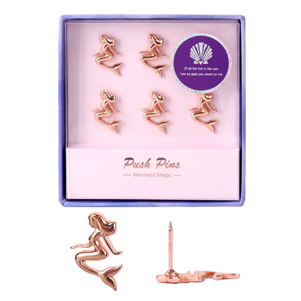 Rose Gold Mermaid Push Pins Decoratieve Thumb Kopspijkers Set van 6 Metalen Markering Tekening Punaises voor Foto Muur Kaart Kurk boards