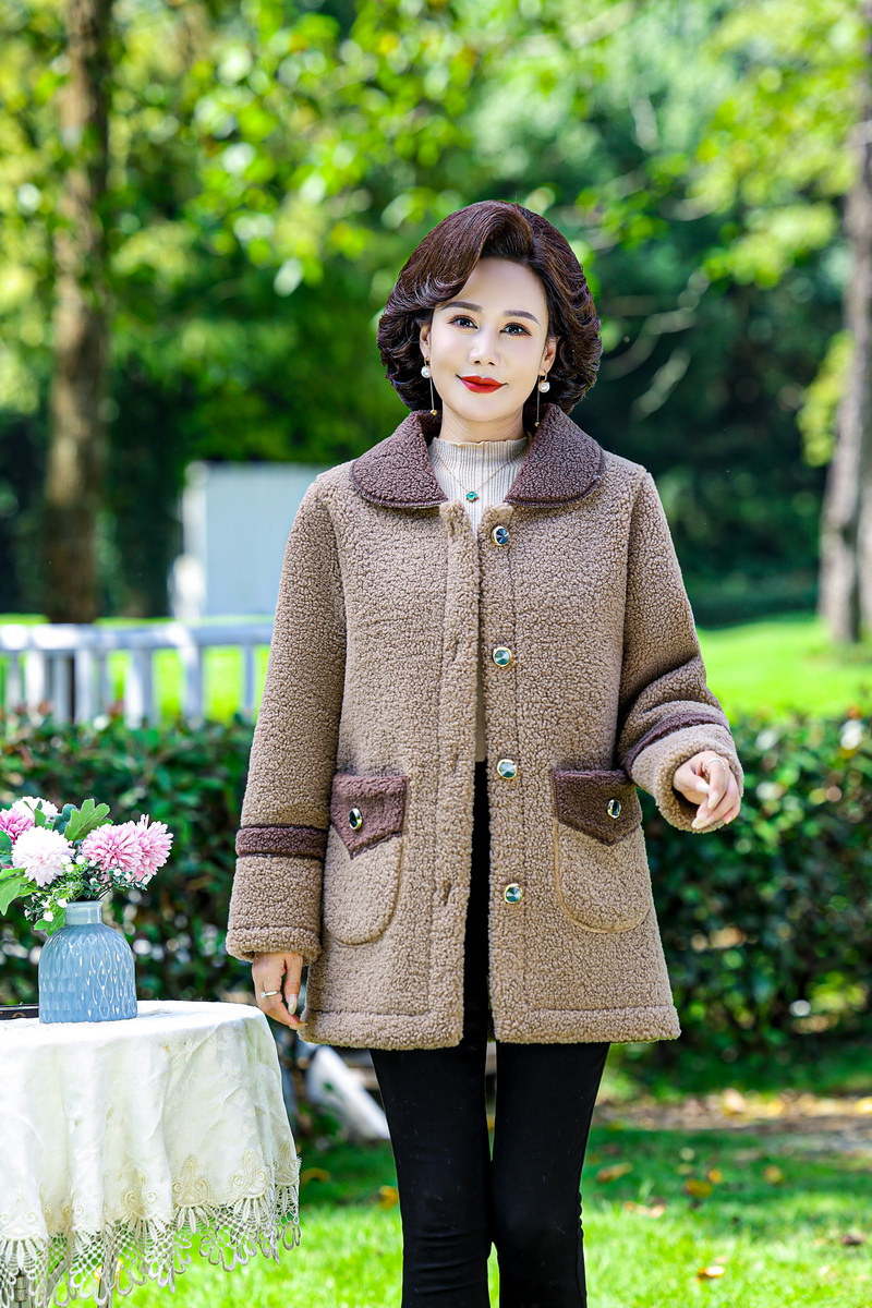 Chaqueta de Otoño Invierno para mujer, abrigo cálido de lana gruesa, abrigo de piel de cordero para mujer, vestido suelto medio largo para madre, chaqueta femenina: L / Caqui