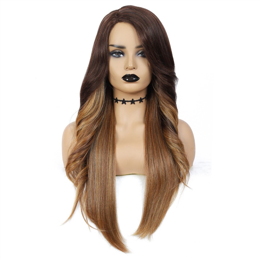 X-TRESS Split Color 2 Part Splice Wigs Black & Dark Red Heat Resistant Trendy Lace Front Synthetic Wig for White Women 26 Inches: DXR1233