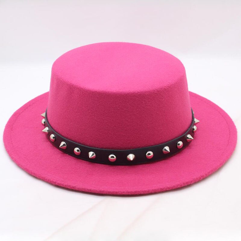 SUOGRY Velejador Flat Top Hat Para Mulheres dos homens de Inverno Auturmn Sentiu Aba Larga Bowler Chapéu Fedora Cavalheiro Prok Torta chapéu de jogador: rose Red