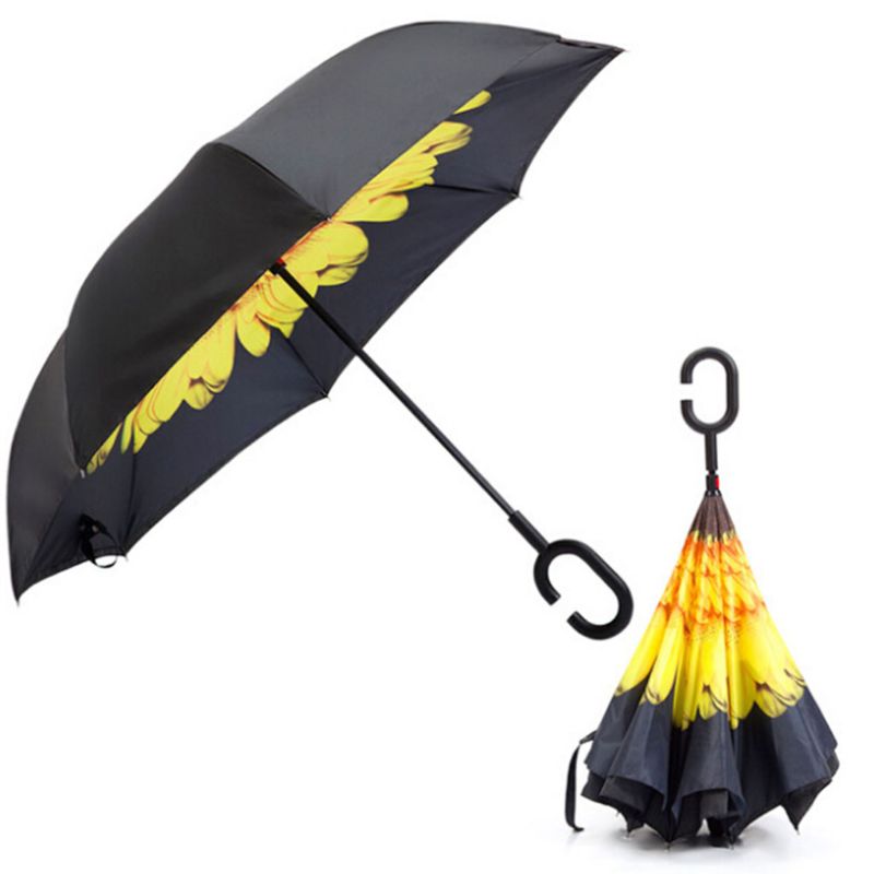 C-formet håndtag dobbeltlag paraply anti-uv foldning omvendt på hovedet omvendt vindtæt solsikke til rejser