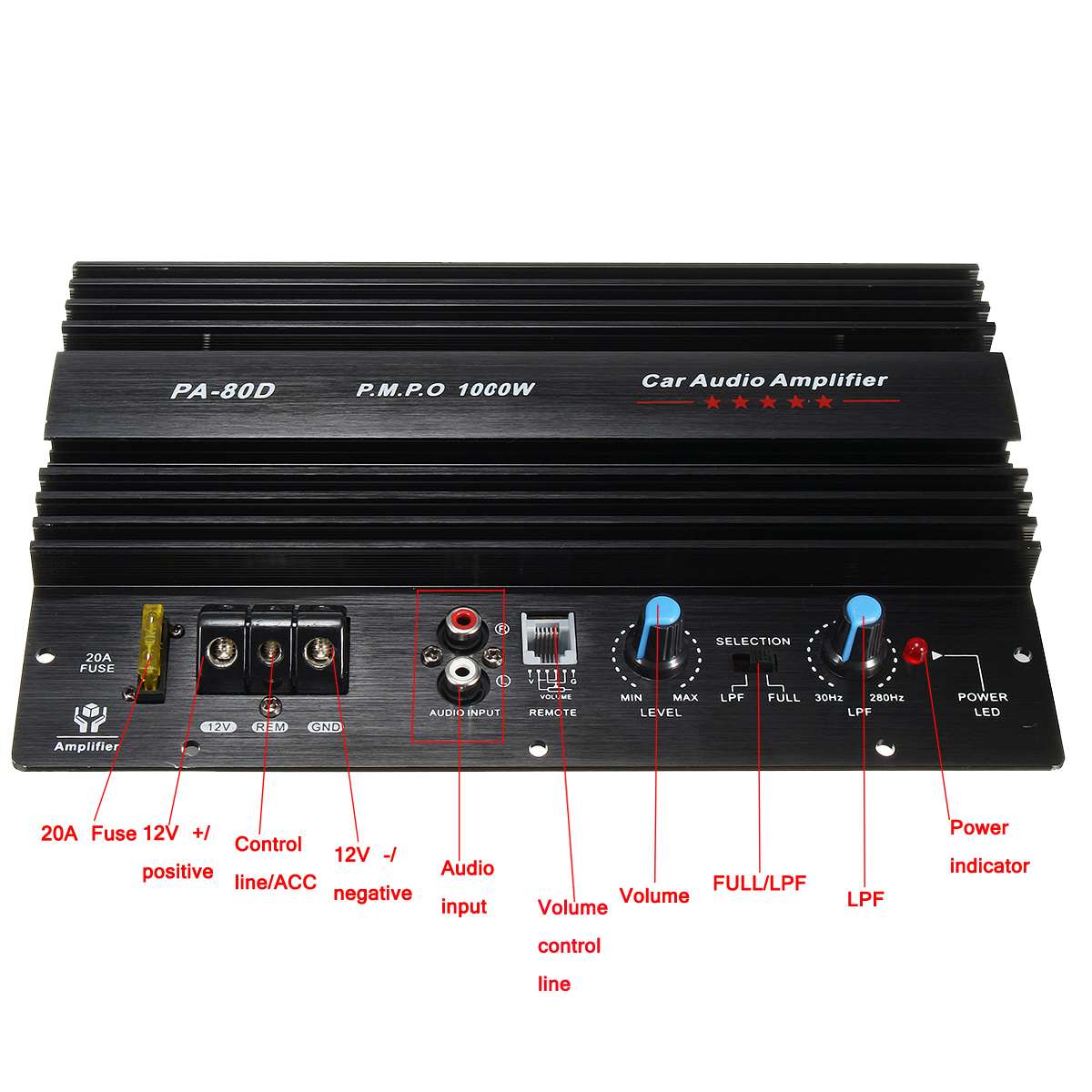 12V 1000W Mono Car Audio Power Amplifier Powerful Bass Subwoofers Amp PA-80D