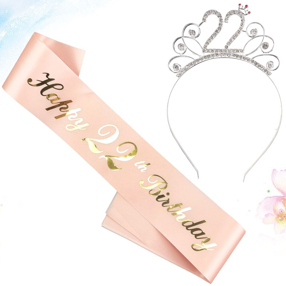 2 stuks verjaardagssjerp kroonset decoratie roségoud stempelen letterdruk etiquette riem feestbenodigdheden verkleedgunsten  (17 jaar: Roze gloden 22