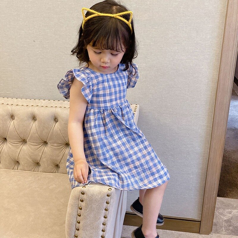 Zomer Meisjes Jurken Prinses Plaid Ruches Hollow Back Japon Mouwloze Leuke Rok Kid Kleding Voor Baby Meisje