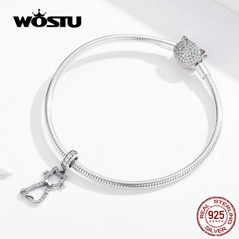 WOSTU Süße Katze Ebene Baumeln Charme 925 Sterling Silber Zirkon Perlen passen Original DIY Armbinde Silber 925 Schmuck, Der CQC1162