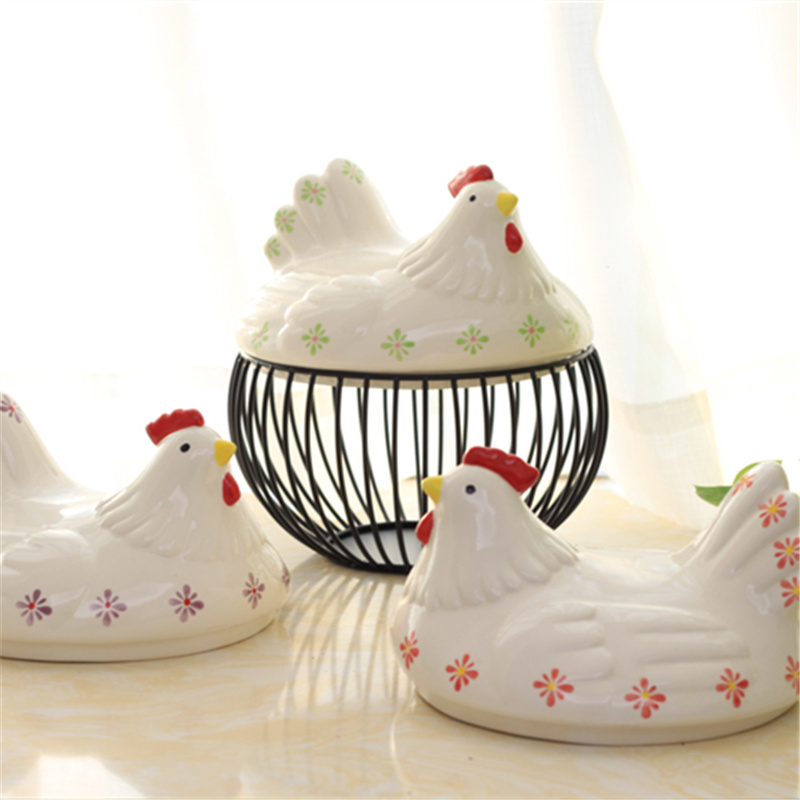 Keramisk ægholder kyllingetråd æggekurv frugtkurvopsamling keramisk høne oramenter dekoration køkken opbevaringsværktøj