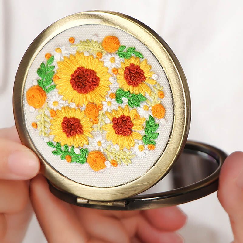 Gør-det-selv blomsterbroderi spejlsæt blomster mønstre håndarbejde sæt håndlavet sammenfoldelig makeup spejl gynge kunst håndværk boligindretning