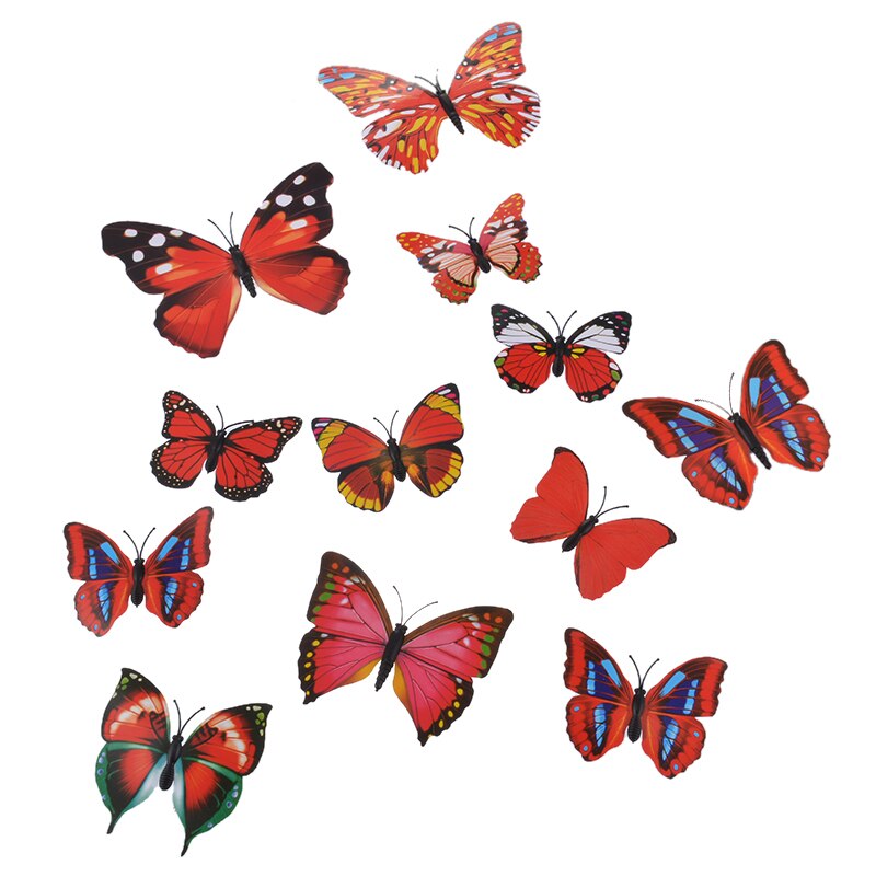 12 stk / lot pvc 3d diy sommerfuglvægklistermærker boligindretning plakat til køkken badeværelse klæbemiddel til vægoverføringsbilleder dekoration: Rød