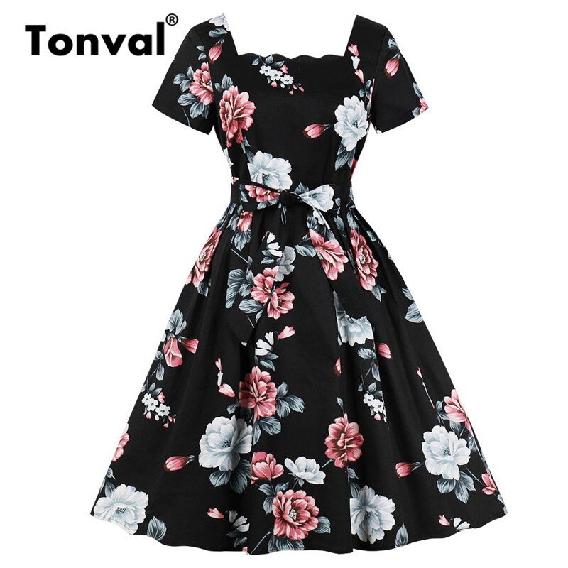 Tonval flosset firkantet hals blomsterprint sort kjole kvinder 50s retro tøj glamourøse rockabilly plisserede kjoler: L