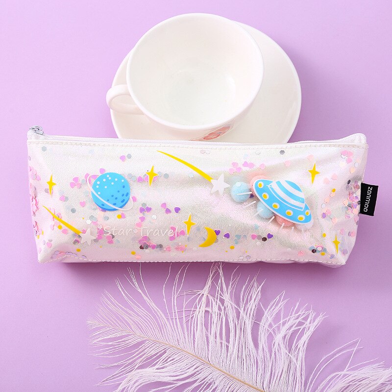 Star Pencil Case Glitter Large Capacity Pencilcase School Pen Makeup Case Supplies Pencil Bag School Box Pencil Pouch Stationery: medium white