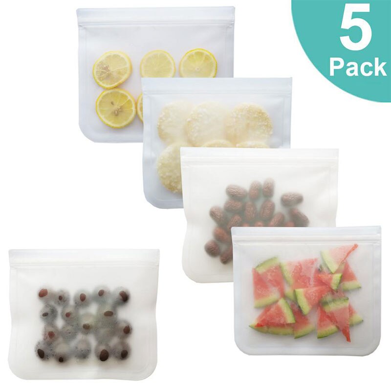 Bolsa reutilizable de silicona para alimentos, paquetes de PEVA para mantener la comida fresca, frutas, a prueba de fugas, con cierre, esmerilada, 12 unidades/juego: 5Pcs