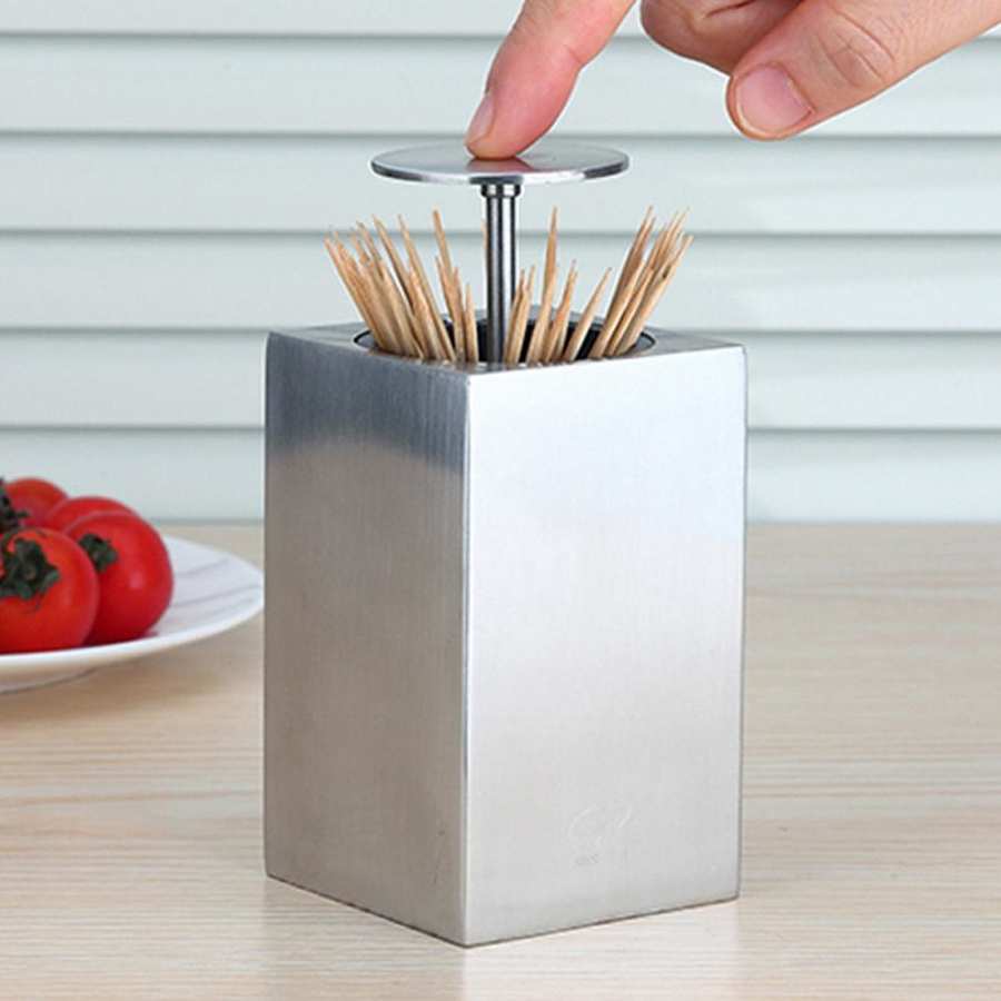 Innovative 304 Stainless Steel Automatic Toothpick Storage Box Dispenser For Home Restaurant Holder Hand Press Toothpick Box