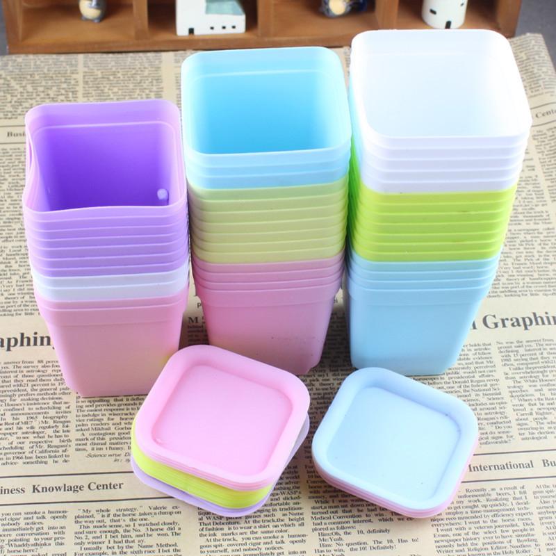 10pcs Mini Square Plastic Plant Flower Pot Home Office Decor Planter Colorful With Pots Trays Green Plant Flower Garden Supplies