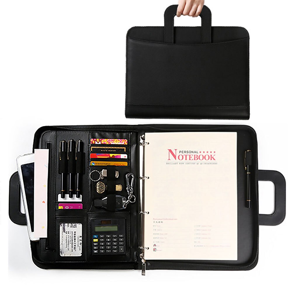 Portafolio de negocios A4 con mango retráctil, carpeta de cuero Pu, archivador con calculadora con cremallera, organizador de Notbook: Black-B