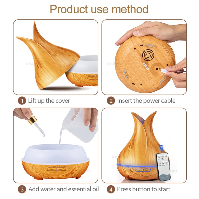 Humidificateur d'air ultrasonique, diffuseur d'huile essentielle et d'arôme avec Grain de bois, 7 lumières, pour le bureau et la maison, 400 et LED à couleur changeante ml