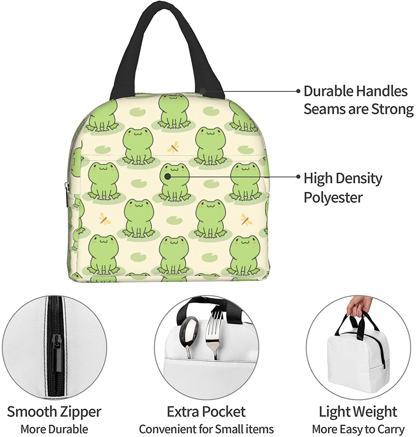 Funny Cute Frog Animal Lunch Bag Travel Box Work Bento Cooler Reusable Tote Picnic Boxes Insulated Shopping Bags for Women Men
