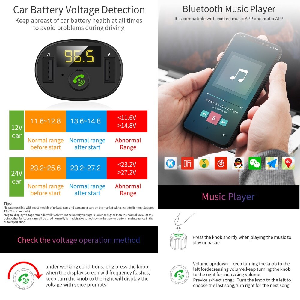 BT23-reproductor de MP3 inalámbrico para coche, transmisor FM con Bluetooth, manos libres, Cargador USB Dual, accesorios eléctricos para automóvil