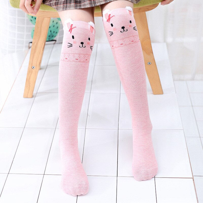 Chaussettes montantes en coton pour filles, chaussettes longues et douces, tricotées avec des motifs de dessin animé, pour enfants de 3 à 12 ans, printemps et automne: 03-06