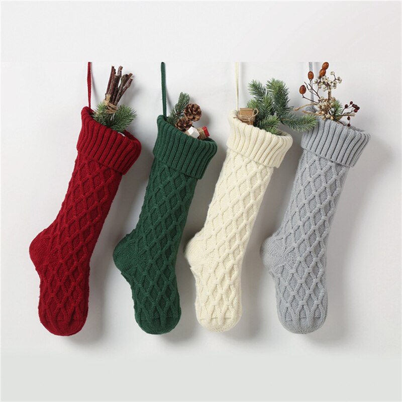 Red White Christmas Sock Christmas Knitted Stockings Decor Festival Bag Fireplace Xmas Tree Hanging Ornaments Decor