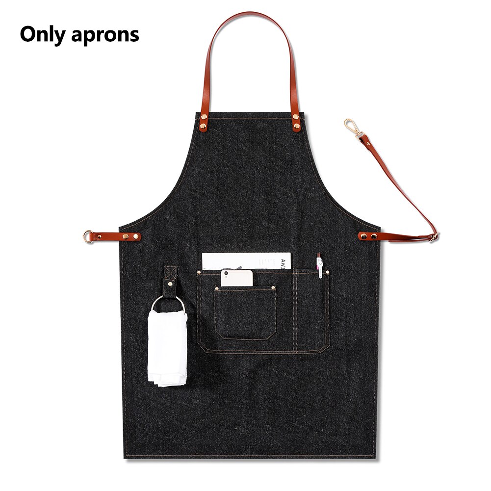 Baker Multi Pocket Adjustable Chef Barista Leather Strap Removable Denim Work Bartender Casual BBQ Uniform Bib Apron: C