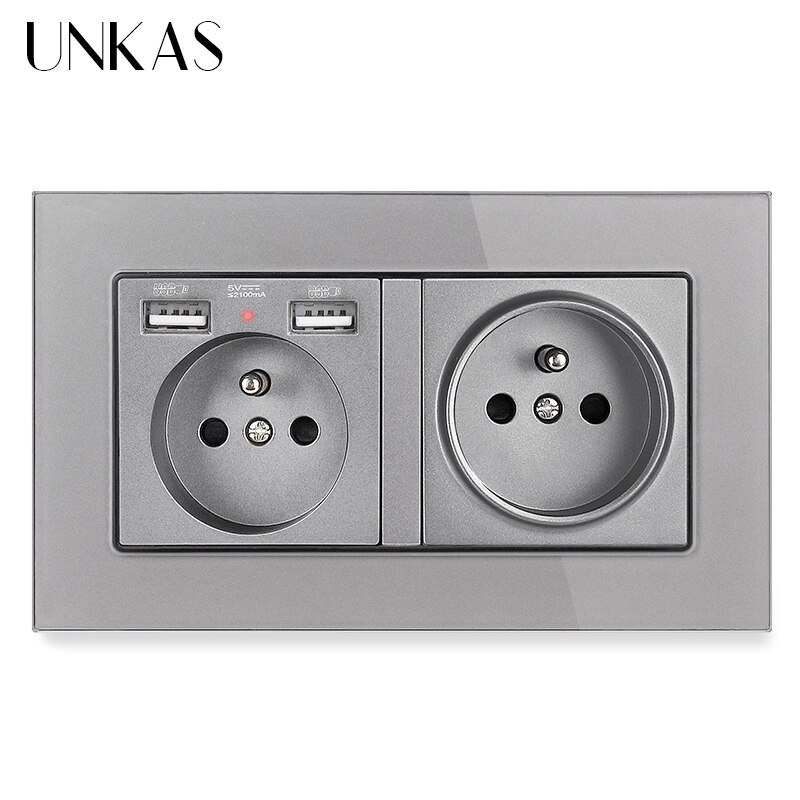 Unkas eu frans stopcontact met dubbele usb-poort + tv  rj11 telefoon  rj45 internet computeraansluiting 146mm * 86mm grijs glazen paneel stopcontact: 2 gang  fr 2 usb  x 1