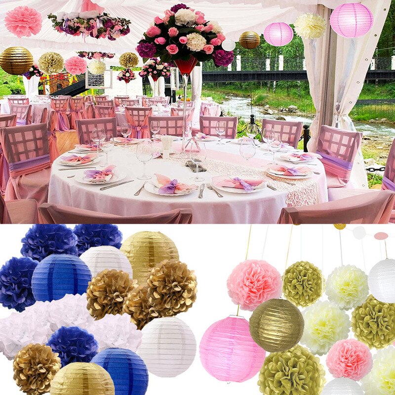 12pcs/set Mixed Paper Lantern Paper Honeycomb Ball Hanging Paper Pom PomsWedding Birthday Decor DIY Baby Shows Party Supplies