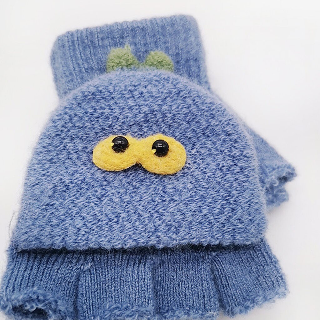 Children Kids Boys Girls Winter Cartoon Cat Patchwork Color Warm Knitted Gloves Kids Boy Girl Convenient Half-finger Gloves