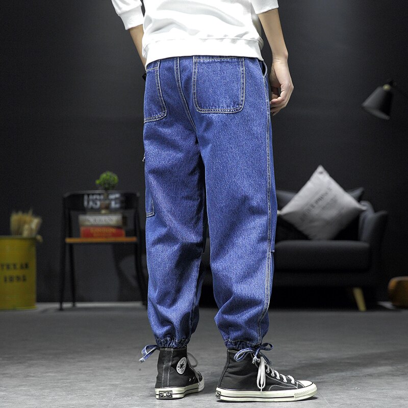 Pantalones vaqueros con cordón para hombre, vaqueros de motorista con bolsillos multifuncionales, Vaqueros informales azules de talla grande M-5XL, primavera