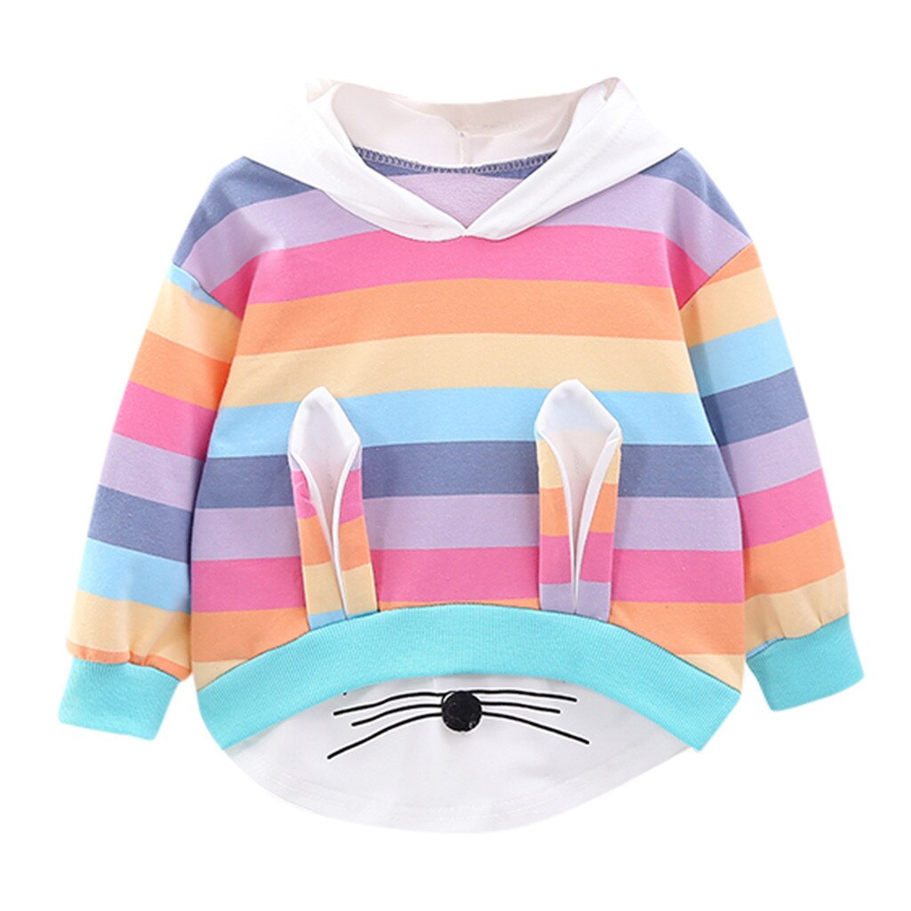 Toddler Kids Girls Striped Rainbow Top Cartoon Fashionable Hooded Sweatshirt Coat Tops Colorful Children Clothes: White / 3T