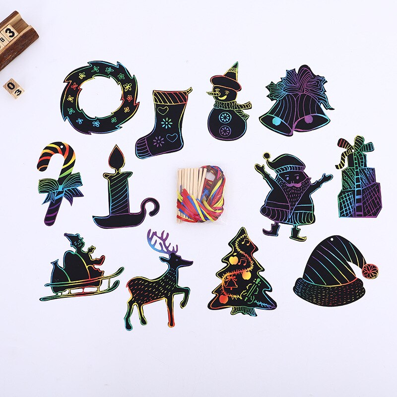 24PCS Scratching Card Rainbow Color Christmas Tree Ornaments Scratching Paper Chirldren Drawing Toy Christmas