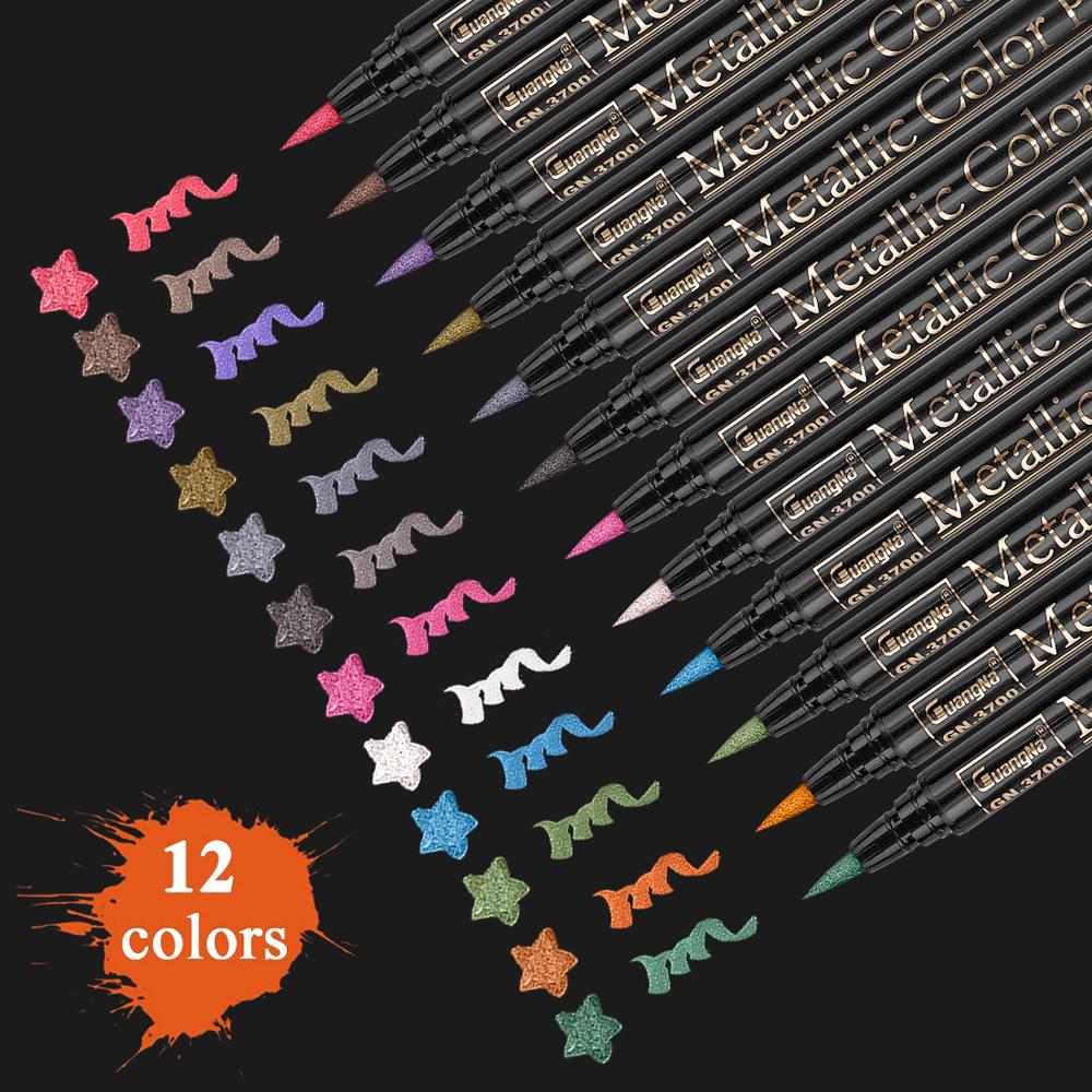 Metalliska tuschpennor konst målarpenna märkpennor 12 olika färger metalliska pennor för att göra svarta kort, scrapbooking hantverk, bok, gl.: Borstspets