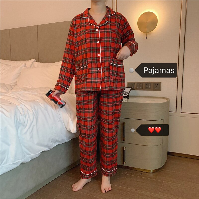 women’s korean pajamas plaid pajama sets simple homesuit loose cotton ladies two-piece long sleeve spring autumn nightwear L020