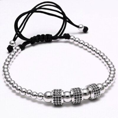 Mcllroy mænd armbånd runde perler micro pave sort cz krystal macrame vævet flettet charme armbånd smykker pulseras mujer moda: 3 zirkon sølv